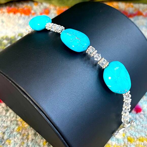 Turquoise + Crystal + Silver Bracelet 8” - Picture 1 of 4
